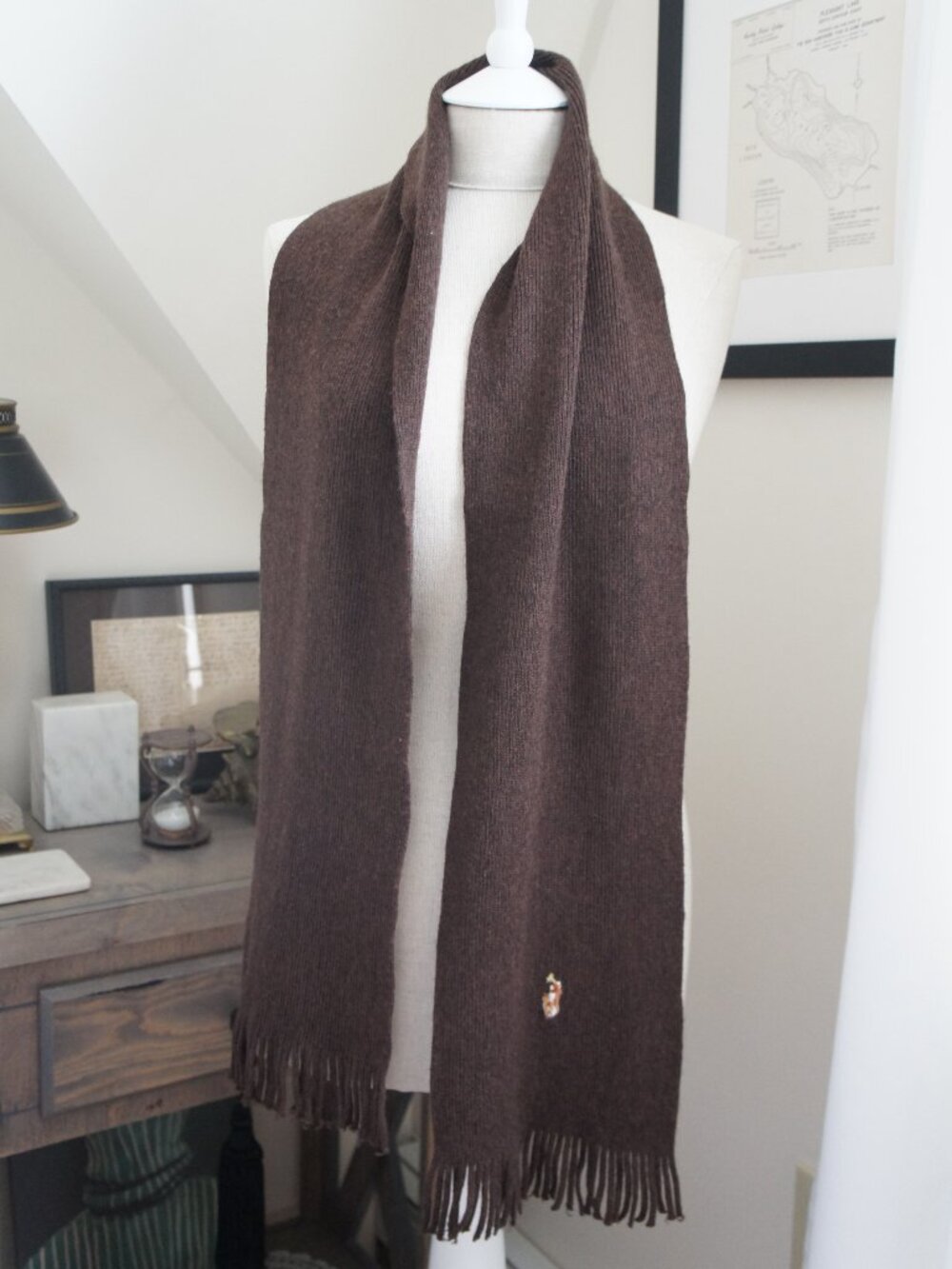 Polo Ralph Lauren 90s Vintage 100% Merino Wool Dark Brown Fringe Scarf - Picture 5 of 10